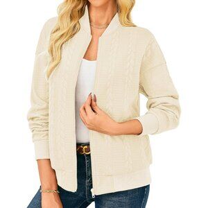 Women White Lightweight Bomber Jacket Stand Collar Zip Up Fall Casual Coat